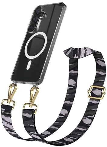 EAZY CASE Handykette - Verstellbares Taschenband kompatibel mit Galaxy S26, Schulterriemen, Handykordel mit Silikon Hülle, Qi Charging kompatibel, Umhängetasche, Grau Camouflage Gold