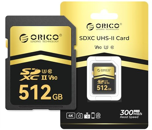 ORICO Scheda SD 512 GB, UHS-II, C10, U3, V90, 8K UHD, 4K UHD, Full HD, Velocità di Lettura fino a 300 MB/s, Memory Card SDXC per Fotografi e Videomaker Professionisti – SD90