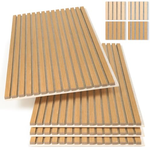 Fiqops Akustikpaneele Holz 120x60 cm, 4er Set, Eiche/Beige | 21 mm starke Akustikpaneele Holz mit MDF-Lamellen, 9 mm PET-Filz, für helle Wohnzimmer, Büros Wandverkleidung innen