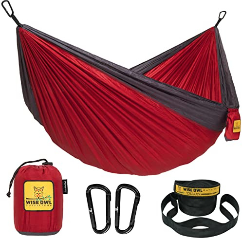 Wise Owl Outfitters Hängematte für Camping, Doppel-Hängematten, Ausrüstung für Outdoor, Rucksackreisen, Überleben oder Reisen, tragbar, leicht, Fallschirm-Nylon, Rot und Anthrazit