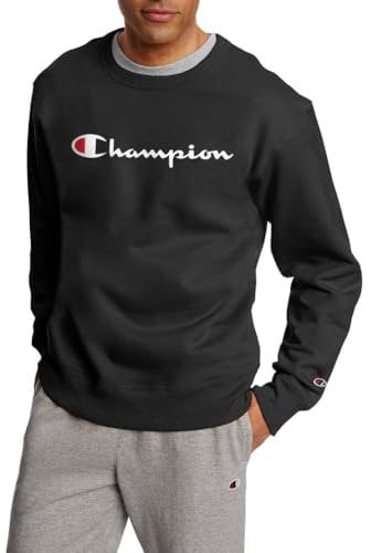 Champion Men's Graphic Powerblend Fleece Crew Sweatshirt, Black Script, Large