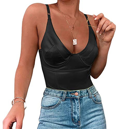 Velius Women's Sexy Deep V Neck Shiny Thong Bodysuit Tank Tops with Underwire(Black, Medium)