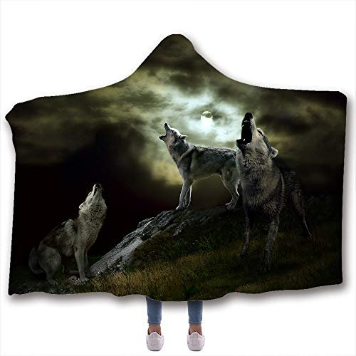 Chickw1 Decke mit Kapuze, 3D Wolf Druck Fantasie Kuscheldecke mit Kapuze Plüschdecke Pelzdecke Decken mit Hoodie für Erwachsene Kind Couch Sofa oder Bett (200x150cm,Wölfe)