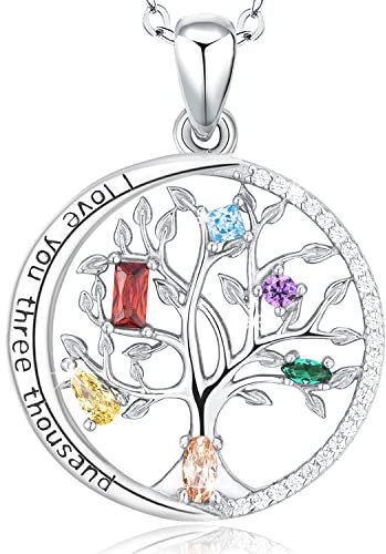 Tree of Life Necklace for Women Sterling Silver 925, Tree of Life Pendant with colorful Stones, Family Tree Pendant Necklace with Birstone for Women Wife Mum Girlfriend