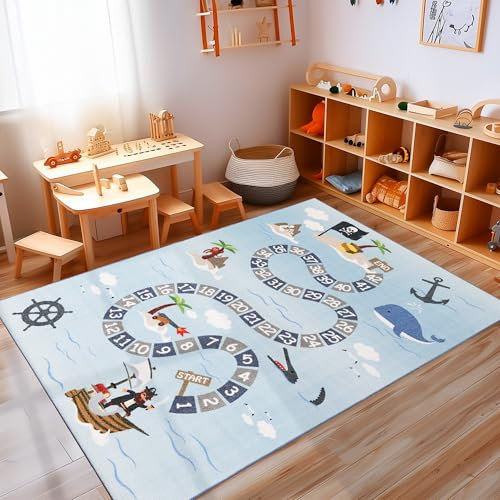 Carpettex Kinderteppich rutschfest | Piratenreise mit Zahlen Design 80 x 120 cm | Kein Abwurf | Kurzflor und Waschbarer Spielteppich für Kinderzimmer für Mädchen und Jungen | Wal und AFFE im Meer