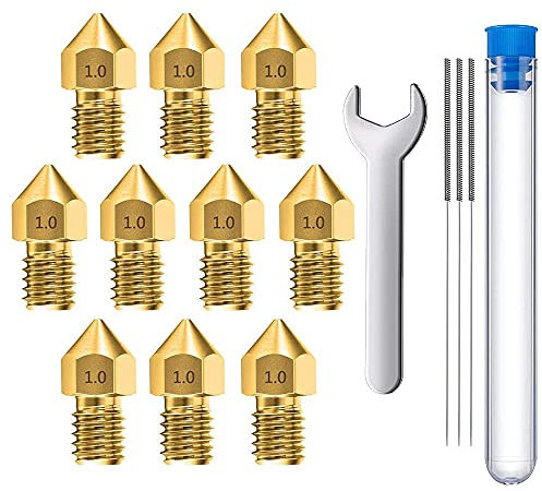 MMOBIEL 10 Stück Extruder für 3D-Druckerdüsen, 1.0 mm, Messing MK8, kompatibel mit Creality Baureihe Ender 3, Ender 5, CR-10/10S, Makerbot, inkl. 3 Reinigungsnadeln und Schraubenschlüssel