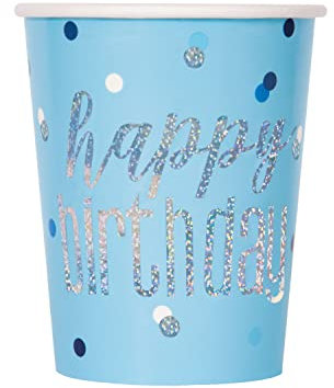 Unique- Gobelets en Carton Fête d'anniversaire à Thème Bleu et Argent Foil Glitz-Paquet de 8, 82247, Blue, Happy Birthday