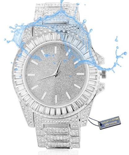 Halukakah Premium Diamond Golduhr für Männer,Luxus Platin Weißgold Vergoldet,Wasserdicht,Funkelndes Sternenlicht-Zifferblatt mit Quadratischen Diamanten,Iced Out,24cm Armband,Geschenkbox Inklusive