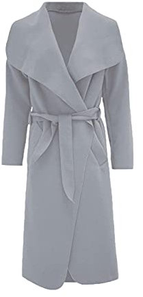 Pretty Attitude Women's Belted Duster Jacket Drape Long Coat Ladies Waterfall Italian Trench (Light grey, 16)