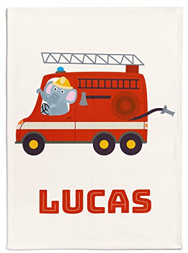 Personalisedog Babydecke mit beliebigem Namen und Feuerwehrelefanten | Kinderdecke mit Feuerwehrwagen und eigenem Namen | Baby Decke mit Namen und Fahrzeug- und Tiermotiv Feuerwehrauto