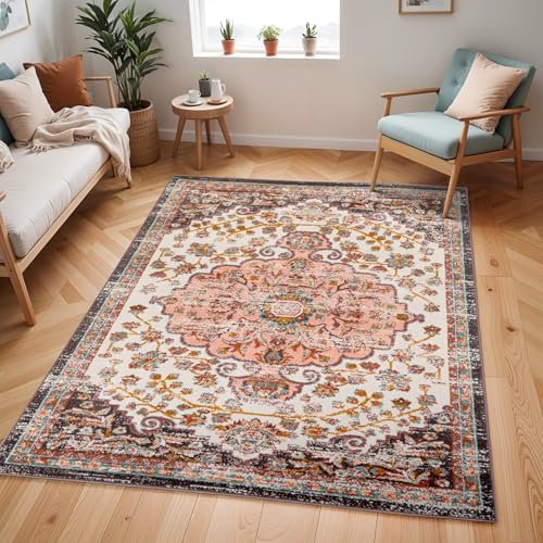 Livabliss Bray Vintage Teppich Groß - Orientalischer Boho Wohnzimmer 160x213 cm - Kurzflor für Einfache Pflege - Muster in Rot und Weiß