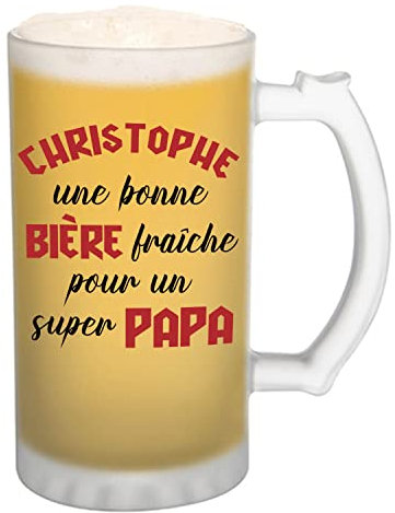 Planetee Chope de bière Christophe Super Papa - cadeau idée anniversaire Fête des Pères Humour - Verre givré 470 ml avec poignée Alcool Pinte