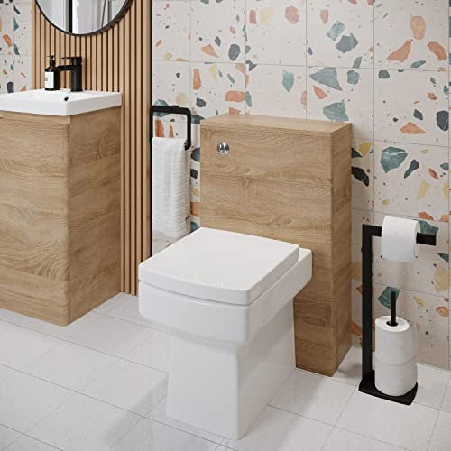 Affine® Forma Modern Bathroom Cloakroom Back to Wall BTW Toilet WC 500mm Slim Furniture Unit Square Pan Soft Close Seat, Dual Flush Cistern, Oak Wood