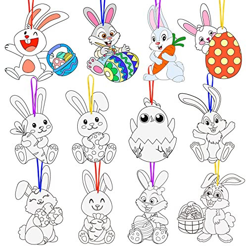 Landifor 48 Stück Hase Osteranhänger Papier Osterhase zum Ausmalen Osterdeko Anhänger Bastelset Osterhase Bemalen für Kinder Osterparty Kunsthandwerk