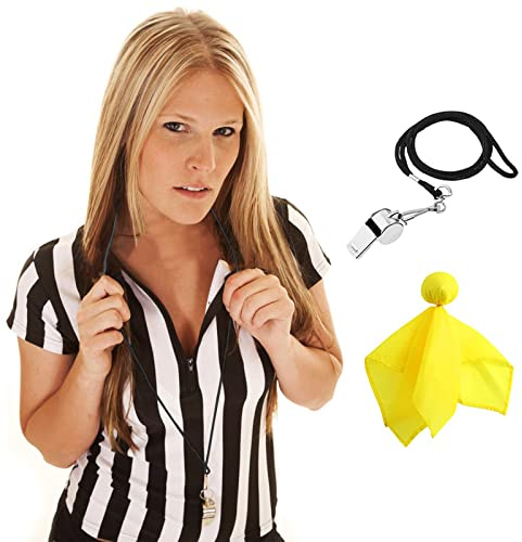 Officiell svartvitrandig domartröja för damer, v-ringad, med krage och dragkedja, visselpipa, gul utvisningsflagga, kostym för basket, fotboll, domare, servitriser, set med 3 delar