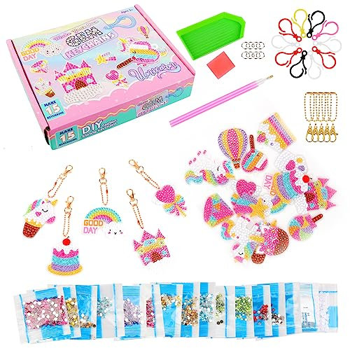 VFANDV Diamond Painting, 15 Pcs Llaveros Pintura - DIY 5D Unicornio de Diamantes, Kits de Manualidades para Niños y Regalo Cumpleaños