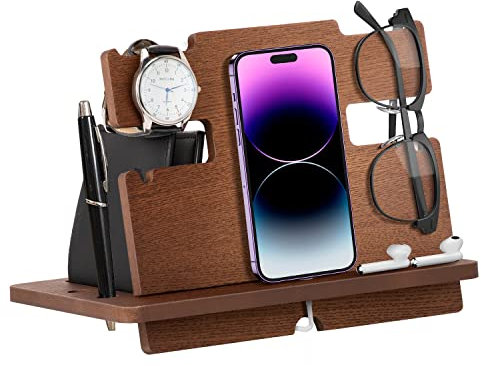 AliveByte Birthday Gifts for Men, Wood Phone Docking Station, Bedside Table Organiser, Gifts for Dad, Mens Gifts for Husband Dad Gifts for Him Anniversary Xmas Presents for Men Nightstand Stand