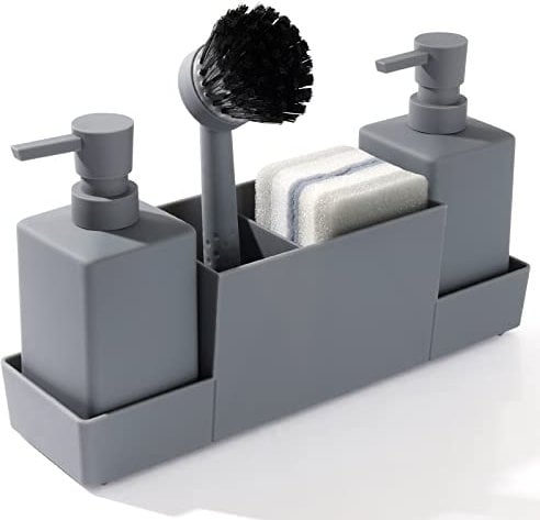 YAUKPH Kitchen Soap Dispenser with Sponge Holder Set for Sink, Hand and Dish Soap Dispenser with Brush, Matte Grey