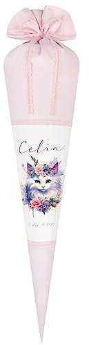 Manufaktur Liebevoll - Boho Schultüte Katze aus Stoff zur Einschulung | Zuckertüte mit Namen u. Datum | Vintage Einschulungstüte | Handgenähte Stoffschultüte zum Schulanfang für Mädchen