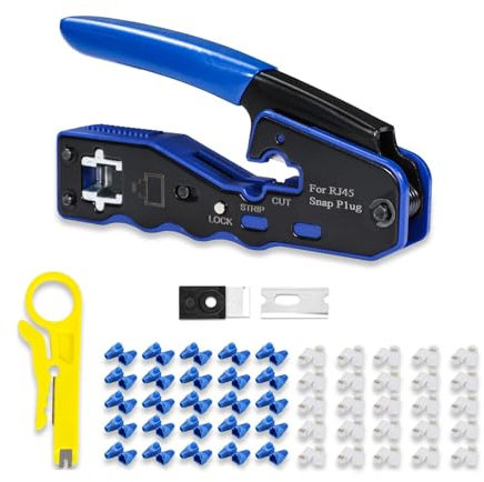 QINIYEK Pinza Crimpatrice RJ45 Pass Through Multifunzione Spelafili per Cavo Rete CAT5 CAT6/CAT6A e CAT7 Kit Strumento Crimpatura con 50pz Connettori Cat6 e 50pz Coperture di Protezione lame