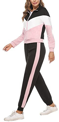 Marvmys Tuta Donna Sportiva Elegante Completa Tute Maniche Lunghe Colore Contrasto Autunno Invernale Sportivi Abbigliamento Jogging Yoga Training Fitness rosa XXL