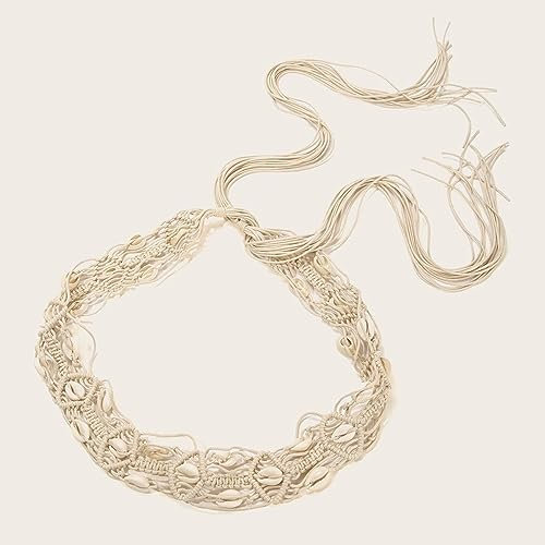 Damen Gürtel Boho Gürtel Geflochtener Gürtel aus Baumwollseil mit Muscheln,Quaste Gürtel für Frauen Kleider Geflochtene Taillengürtel Gewebte Quaste Kette Gürtel Seil Gürtel für Jeans Kleider,Beige A