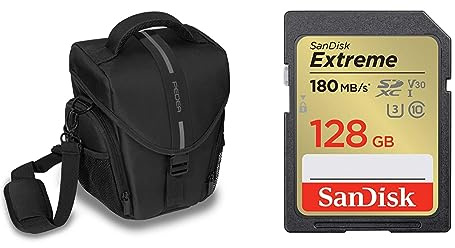 Pedea DSLR-Kameratasche *Essex* Fototasche für Spiegelreflexkameras mit wasserdichtem Regenschutz & SanDisk Extreme SDXC UHS-I Speicherkarte 128 GB
