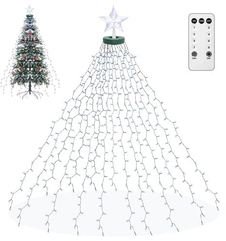 Weihnachtsbaum Lichterkette mit Sterne, 410 LEDs Weihnachtsbeleuchtung Weihnachten Lichternetz mit Fernbedienung 2m Tannenbaum Licht mit Ring für Innen & Außen Kaltesweiß