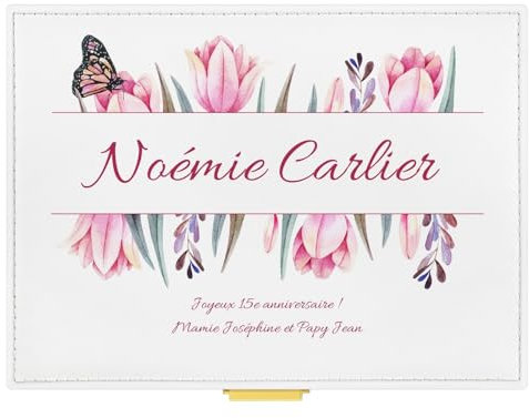 Maverton Boîte à Bijoux personnalisable pour femme - Organisateur pour bagues, boucles d'oreilles, bracelets - pour maman - avec prénom et votre photo - pour elle - pour anniversaire - fleurs roses