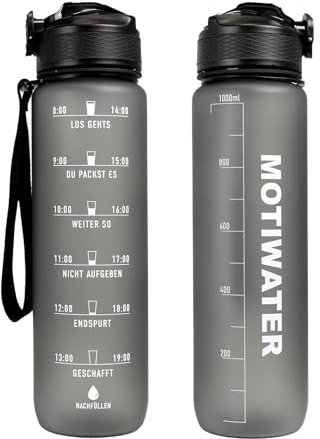Trinkflasche 1L, deutsch, Motivation, Spühlmaschinen geeignet, Wasserflasche Auslaufsicher, BPA Frei, Sportflasche mit Zeitmarkierung (Grau (Schrift weiss))