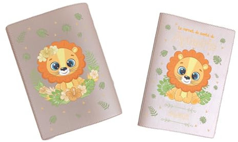 Protège carnet de santé personnalisé, idée cadeau personnalisable bébé, cadeau naissance original, Couverture Lion Jungle - CL0009b (Nacré Rose)
