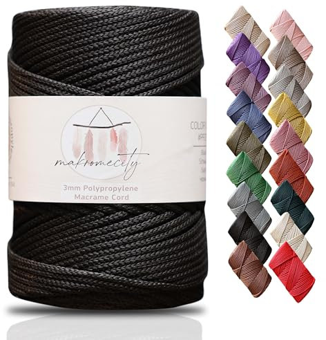 Makromecity, Cordoncino in poliestere macramè di alta qualità, 3 mm x 120 m, 3 mm, in polipropilene nero, per macramè, uncinetto, macramè, borse, borse, sottopiatti, tappeti