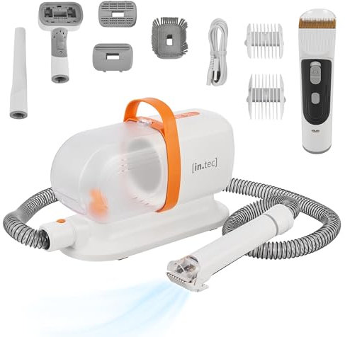 in.tec Tondeuse pour Chien avec Aspirateur Kit de Toilettage 5 en 1 avec Peignes Brosses 3 Modes d'Aspiration Tuyau de Séchage Plastique Métal 23 x 33 x 14 cm Blanc Orange