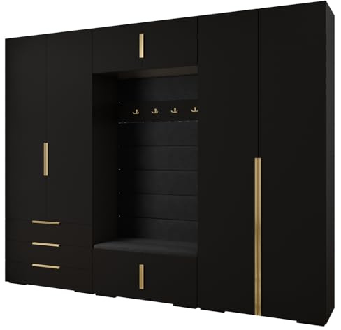 MEBLE KRYSPOL Inova 1 Möbelset - Moderne Garderobe - für Schlafzimmer, Wohnzimmer, Flur, Kinderzimmer - Ankleidemöbel - 236,7x300x47cm - Schwarz, Paneele Manila 18, Handgriff Gold