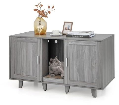 COSTWAY Katzenklo Schrank für 2 Katzen, Katzenschrank für Katzentoilette, Katzenhaus mit 2 Türen & Kratzbrett & Eingang, Katzenmöbel Beistelltisch, für Hunde Haustier, 120x52x65cm (Dunkelgrau)