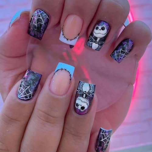 Caiguuer 24pcs Ghost spider web Halloween faux ongles carrés courts faux ongles femmes et filles presser les ongles (B, Une taille)
