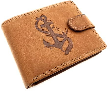 Lemasi Maritime echt Leder Geldbörse Portemonnaie Geldbeutel Motivbörse mit RFID Schutz, geprägter Anker. (Anker Außenriegel Cognac)