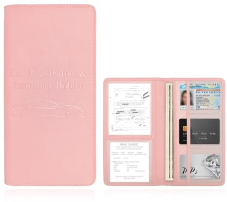 Suvnie Porte-carte grise et assurance en cuir avec fermeture magnétique, organiseur de documents pour cartes d'immatriculation, permis de conduire (rose, classique)