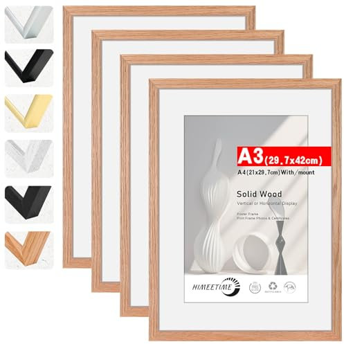 HIMEETIME® 4x Marco de fotos A3 29.7x42cm natural Roble de Madera marcos cuadros, con soporte de A4 (21x 29.7cm),Para Decoración de Pared y Decoración hogar marco A3