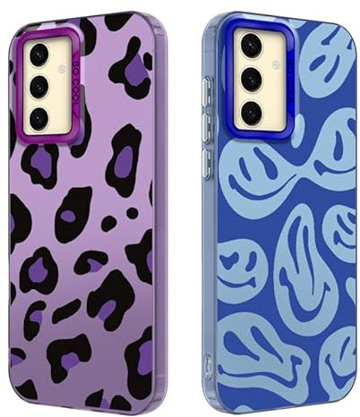 Tedyhulle 2 custodie per Samsung Galaxy S24+ Plus/ S25+ Plus, divertenti sorrisi viso e leopardato, morbido TPU paraurti con custodia PC, custodia protettiva antiurto antigraffio, viola e blu