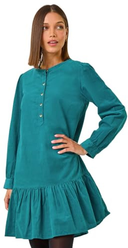 Roman Corduroy Button Detail A-Line Dress for Women UK - Ladies Autumn Everyday Winter Holiday Round Neckline Comfy Long Sleeve Soft Knee Length Frock Office Desk Gowns - Teal - Size 20