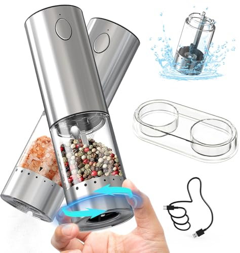 CIRCLE JOY Electric Salt and Pepper Grinder Set Rechargeable Stainless Steel Salt and Pepper Shakers with White LED Light and Storage Base, External Adjustable Coarseness for Hygienic Easy Use, Silver