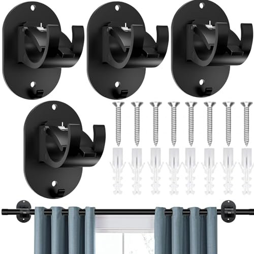 Adhesive Curtain Rod Holder, 4 Pcs No Drill Curtain Pole Brackets Self Adhesive Curtain Hooks Wall Brackets Fixing Rod Holder Towel Rod Hooks with Screws for Home, Bathroom, Kitchen (Black)