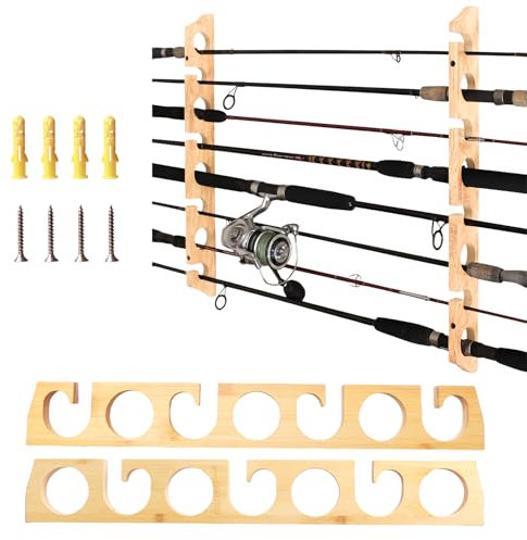 Rutenständer Angelrutenhalter aus Holz, Angelrutenständer Aufbewahrung von 7 Ruten, Deckenmontage oder Wandmontage, Rutenständer Rutenhalter Wandhalterung, Rutenhalter Angeln für Garage, Boot, Decke