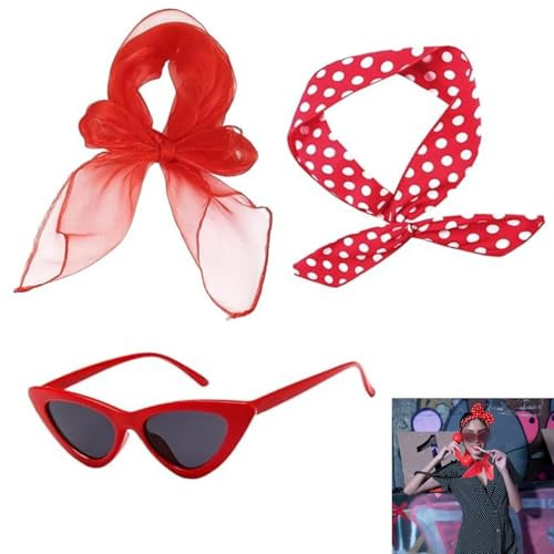 50er Damen Accessoires Set,50er Jahre Damen Kleid Zubehör 60er Jahre Kleidung Set,Vintage Zubehör,mit Polka Dot Haarband,Schal,Katzenaugen Brille,Stirnband Katzen Auge Brille