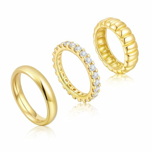 3 Stück Ringe Damen mit Zirkonia, 14K Vergoldet Ring Set aus Edelstahl Kupfer für Frauen Freundin Mama, Fingerring Schmuck Stapelbar Wasserfest Ringe für Geburtstag Jahrestag Muttertag (Stil B, 07)