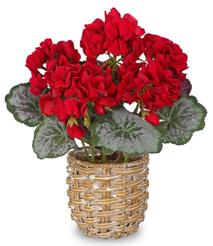 Arborus Geranios artificiales en maceta de 28 cm, flor artificial en cesta de mimbre, estilo rústico campestre, decoración de mesa, plantas artificiales en flor como reales, para balcón, alféizar de