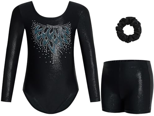 Gogokids Ensemble de Gymnastique pour Filles en Trois Pièces, Ensemble de Gymnastique à Manches Longues avec Shorts et Bandeau, Tricots de Ballet Scintillants - Tenue de Gymnastique avec Design