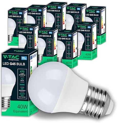 V-TAC 10x LED Glühbirne G45 -[ Maximale Effizienz 4,5W ] - E27 - (Entspricht 40W) - 10er Pack - 470 Lumen - LED Glühlampen - Energiesparlampe - Licht 3000K Warmweiß