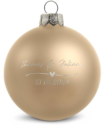GRAVURZEILE Weihnachtskugel mit Gravur - Wedding Love - Personalisiert mit Namen & Datum - Geschenk für Paare - Festliche Christbaumkugel als Weihnachtsdeko - Farbe: Beige Matt - Größe: 10 cm